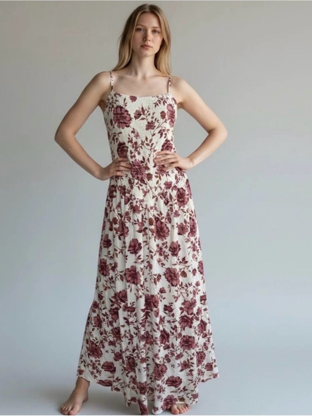 Jessica Simpson Burgundy Floral Maxi Dress on Cream